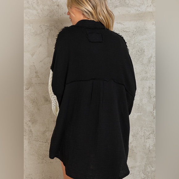 LAST ONE POL gauze with crochet sleeves button down top-black & cream: S,M,L - Picture 3 of 3